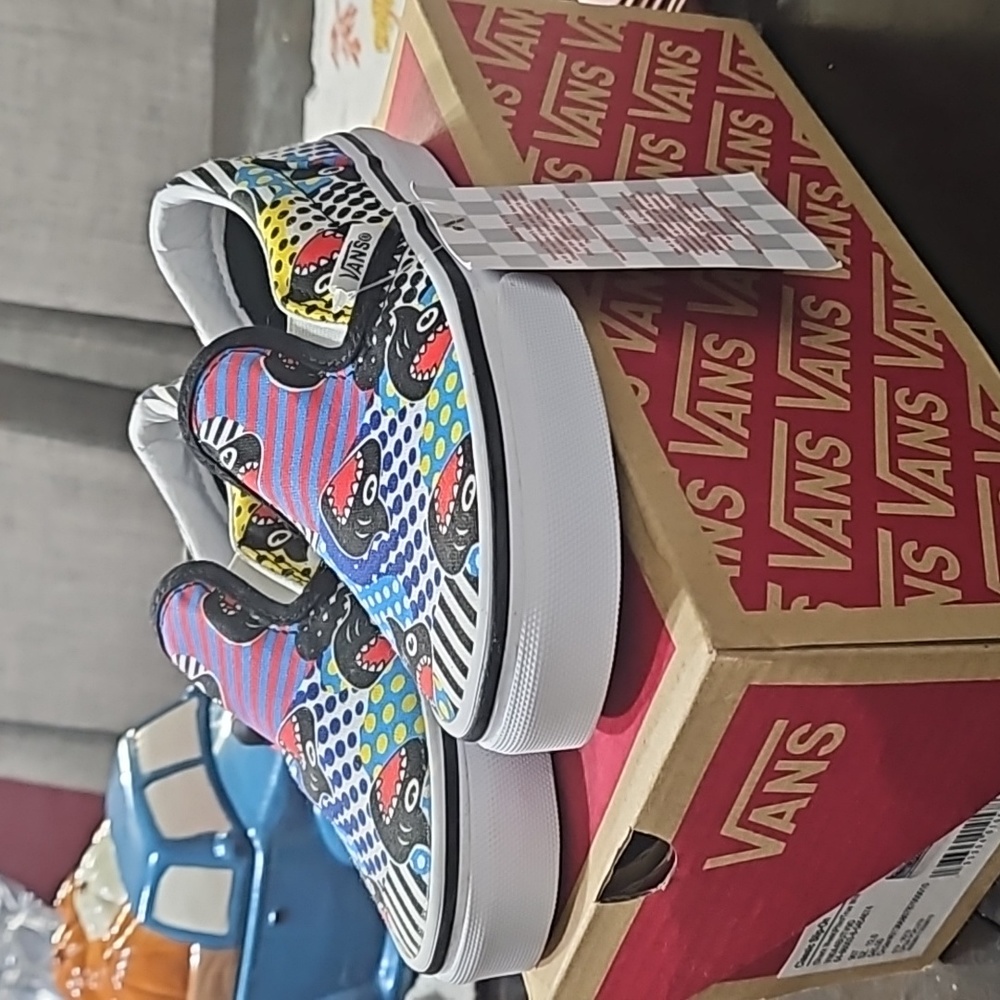 Vans Kids Slip-On Sneakers in Blue, Red, Yellow & Black Pop Art